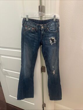 True Religion Dark Blue Distressed Flare Jeans